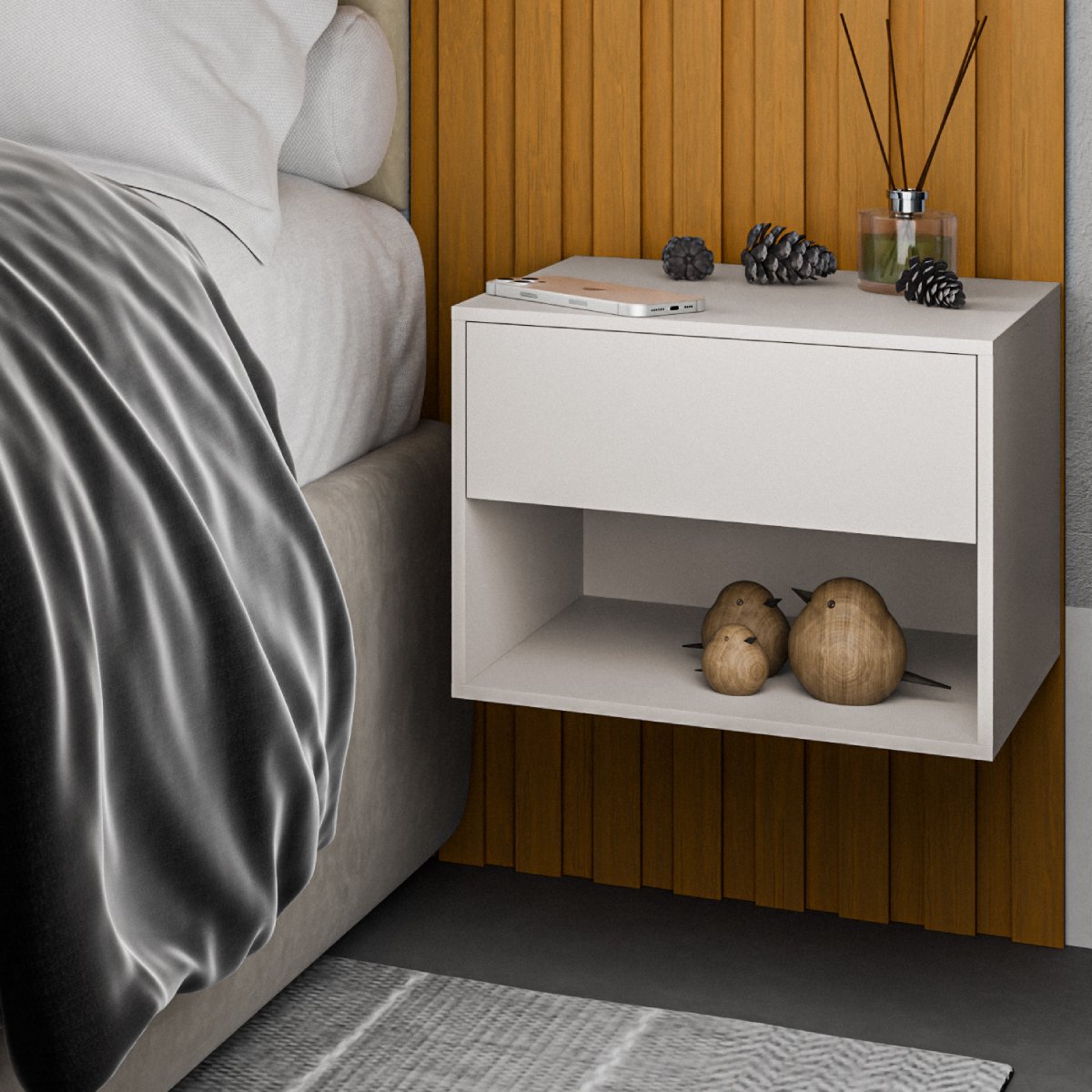 Mesa de Cabeceira Sofia Suspensa Com 1 Gaveta Corrediça Telescópica e Nicho - LH Móveis