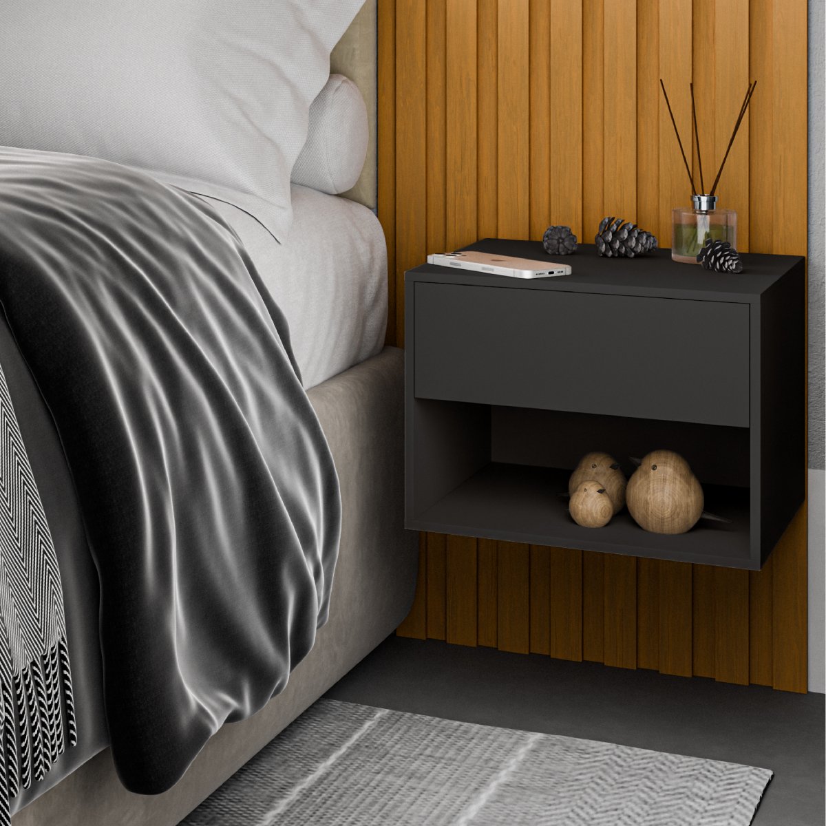 Mesa de Cabeceira Sofia Suspensa Com 1 Gaveta Corrediça Telescópica e Nicho - LH Móveis