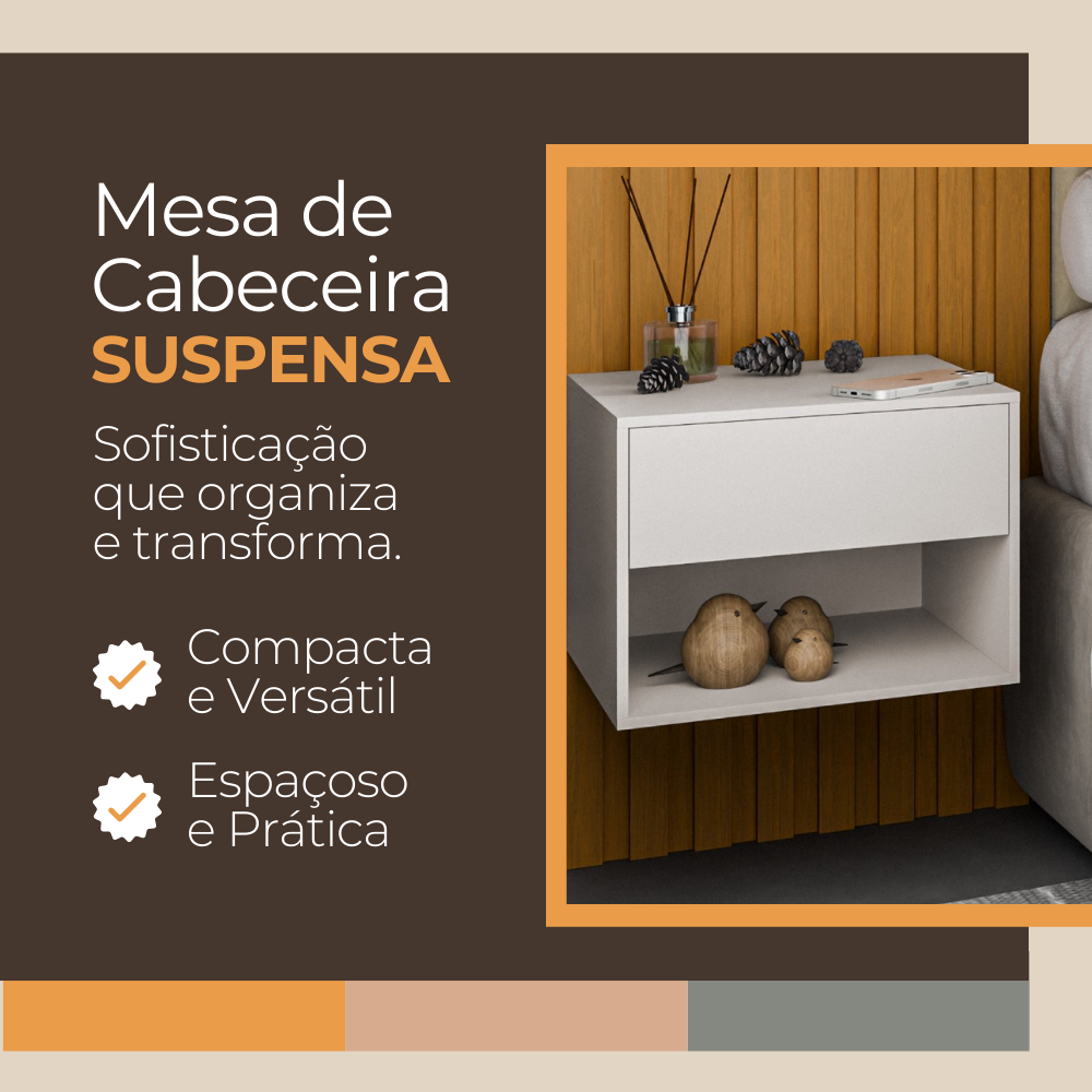 Mesa de Cabeceira Sofia Suspensa Com 1 Gaveta Corrediça Telescópica e Nicho - LH Móveis