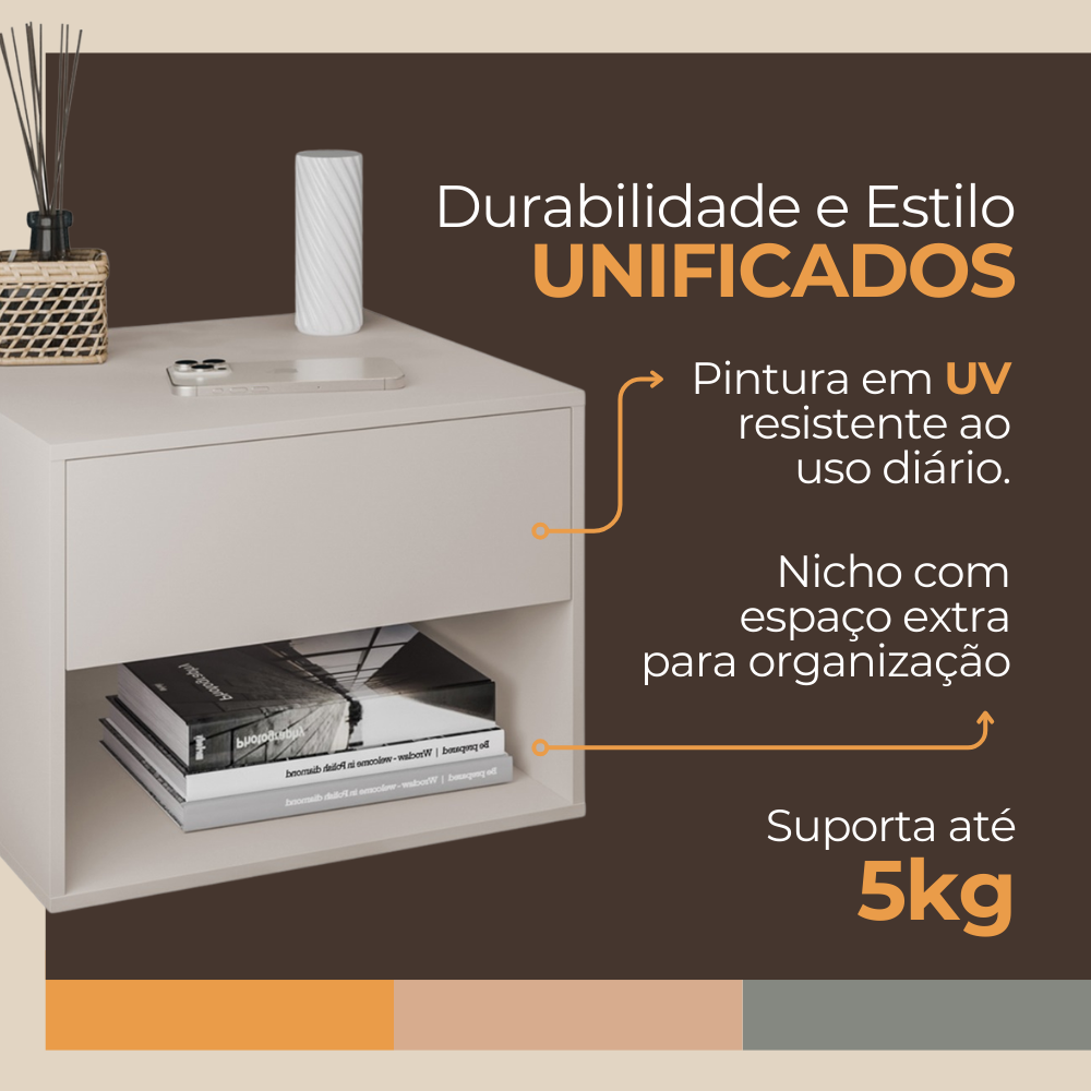Mesa de Cabeceira Sofia Suspensa Com 1 Gaveta Corrediça Telescópica e Nicho - LH Móveis