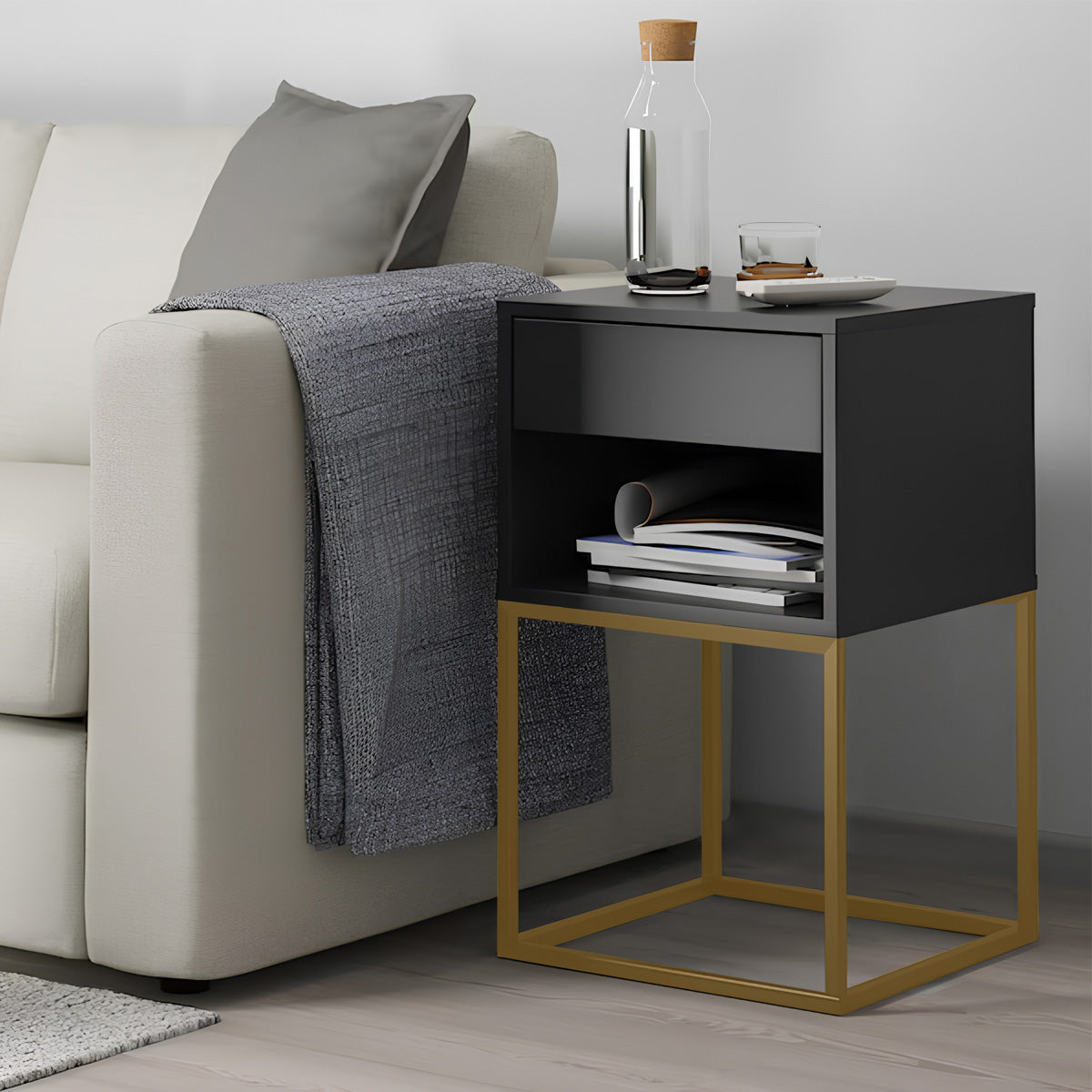 Conjunto 2 Mesas de Cabeceira Sofia Estilo Industrial 1 Gaveta Com Nicho Base de Aço - LH Móveis