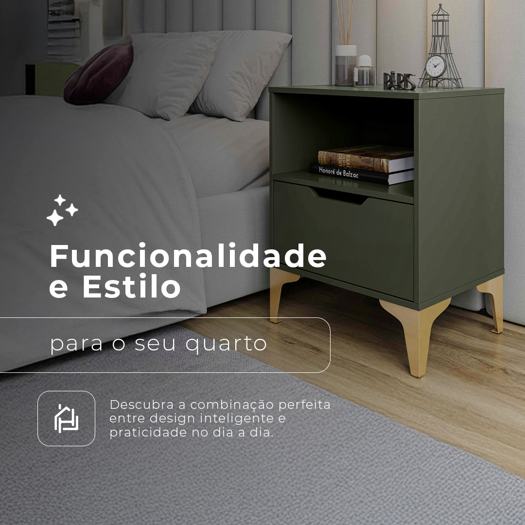 Kit 02 Mesa de Cabeceira Vegas com 1 Gaveta e Nicho Pés em Aço Design Moderno - LH Móveis