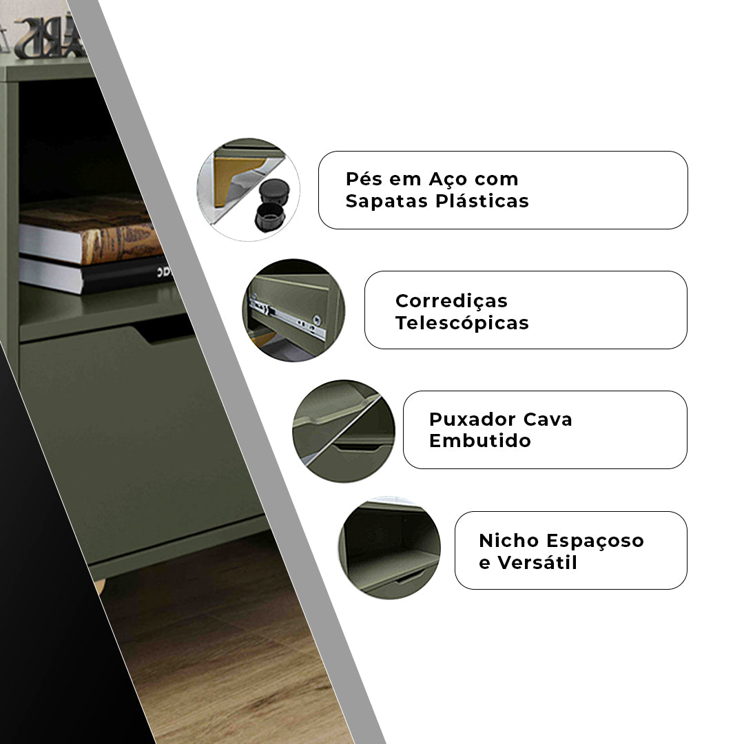 Kit 02 Mesa de Cabeceira Vegas com 1 Gaveta e Nicho Pés em Aço Design Moderno - LH Móveis