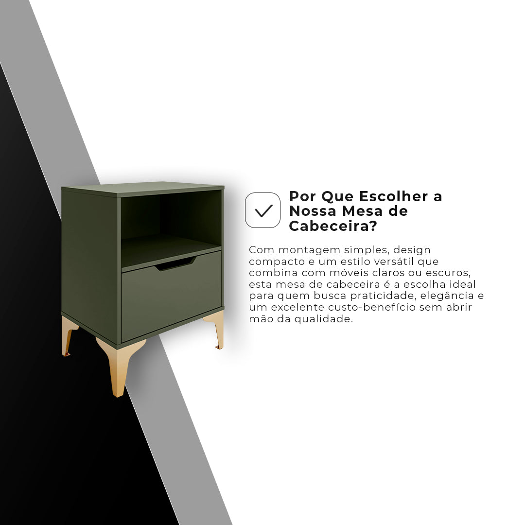 Kit 02 Mesa de Cabeceira Vegas com 1 Gaveta e Nicho Pés em Aço Design Moderno - LH Móveis