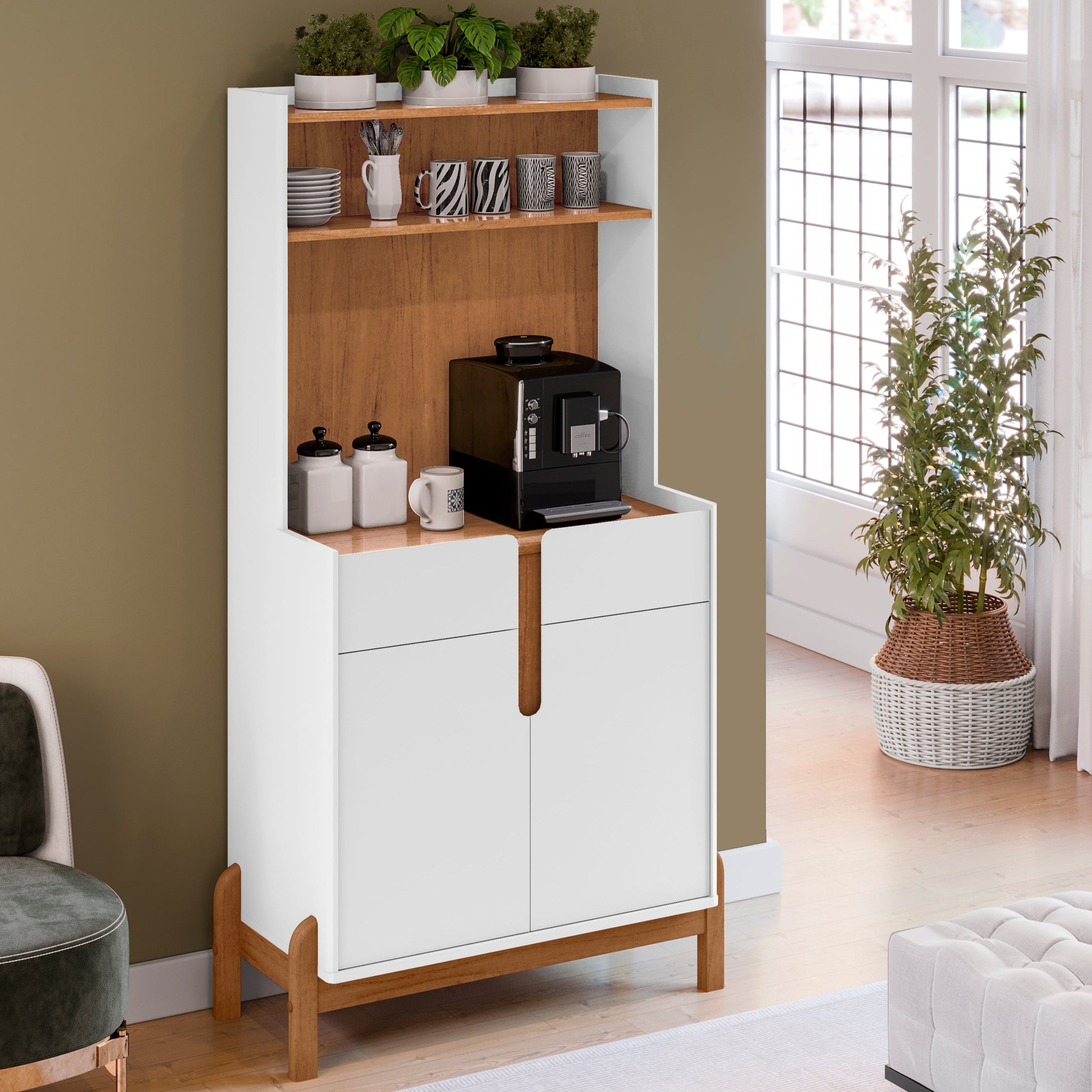 Cantinho Café Lizz com Gaveta 2 Portas Aparador para Decoração Pés de Madeira - LH Móveis