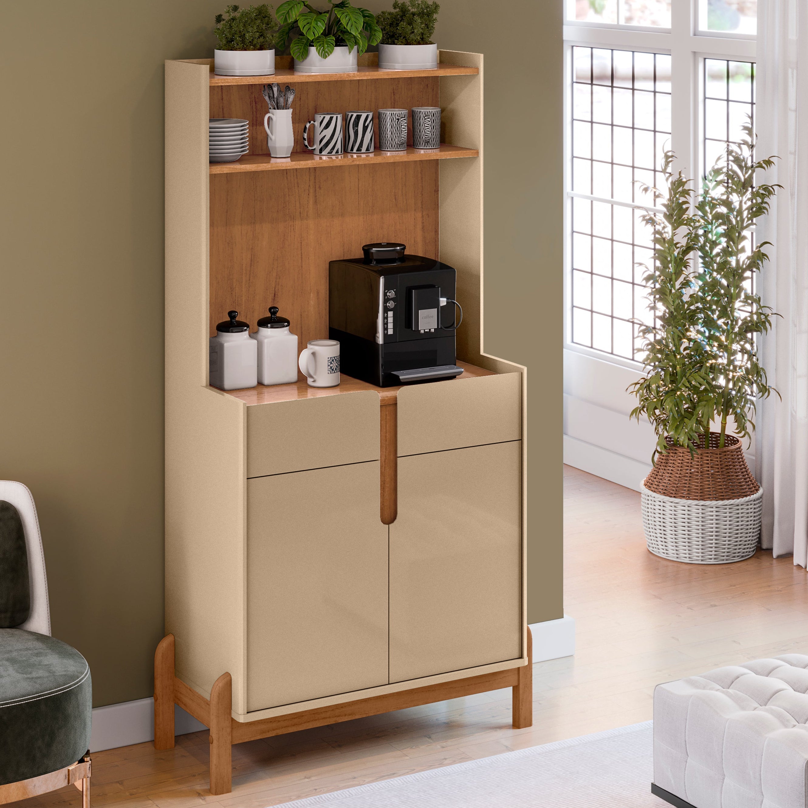 Cantinho Café Lizz com Gaveta 2 Portas Aparador para Decoração Pés de Madeira - LH Móveis