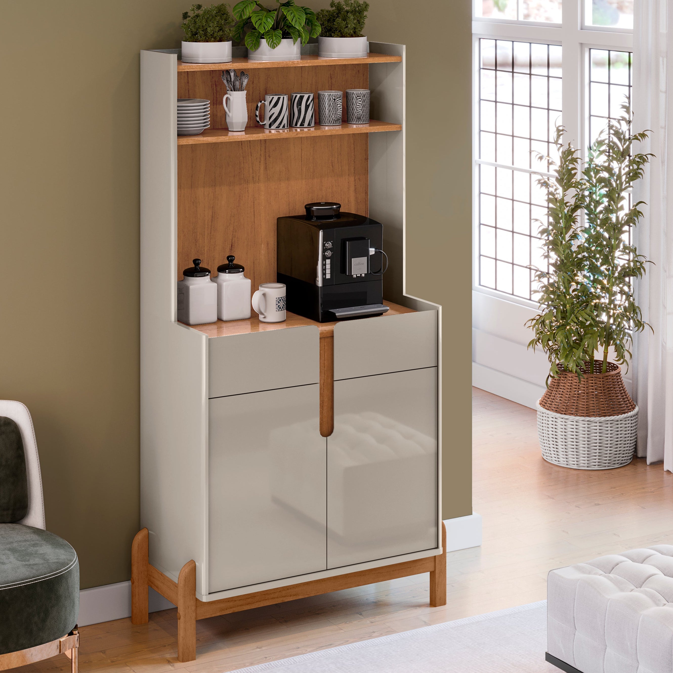 Cantinho Café Lizz com Gaveta 2 Portas Aparador para Decoração Pés de Madeira - LH Móveis