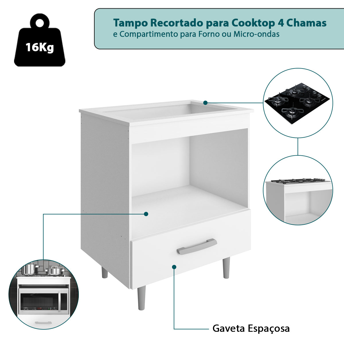 Balcão Cooktop Para Cozinha Moderno E Compacto 1 Gaveta com Nicho para Forno ou Micro-ondas - LH Móveis