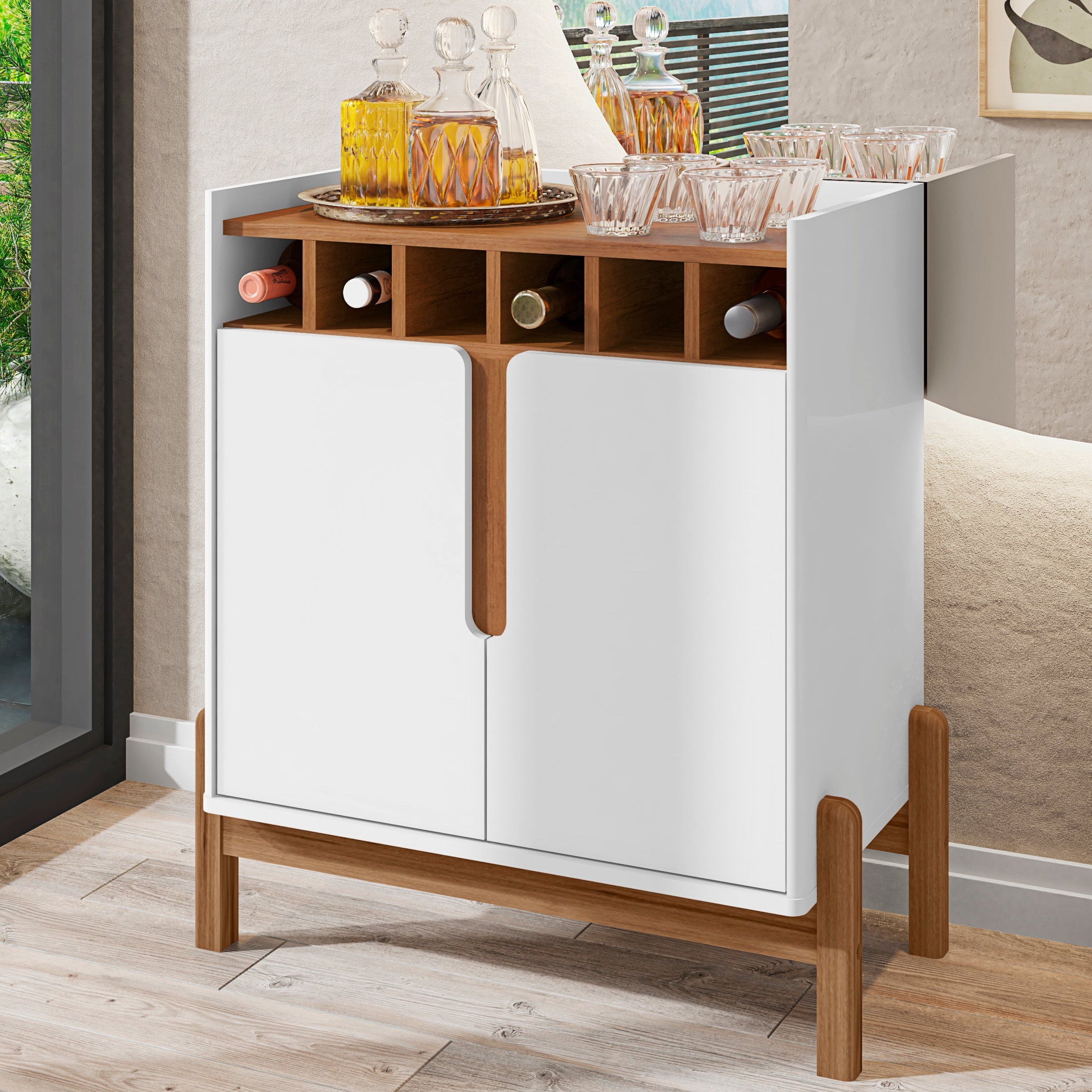 Barzinho Lizz 2 Portas Detalhe Curvo com 6 Nichos para Garrafa Base de Madeira - LH Móveis
