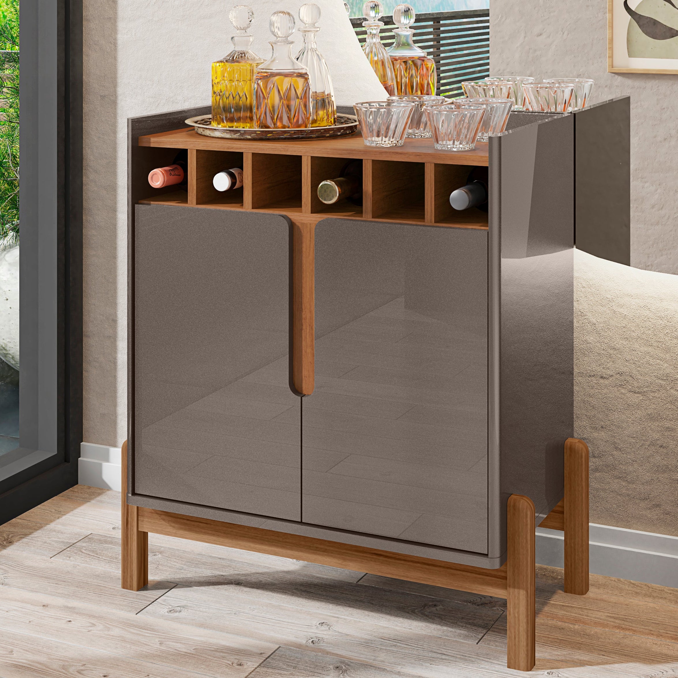 Barzinho Lizz 2 Portas Detalhe Curvo com 6 Nichos para Garrafa Base de Madeira - LH Móveis