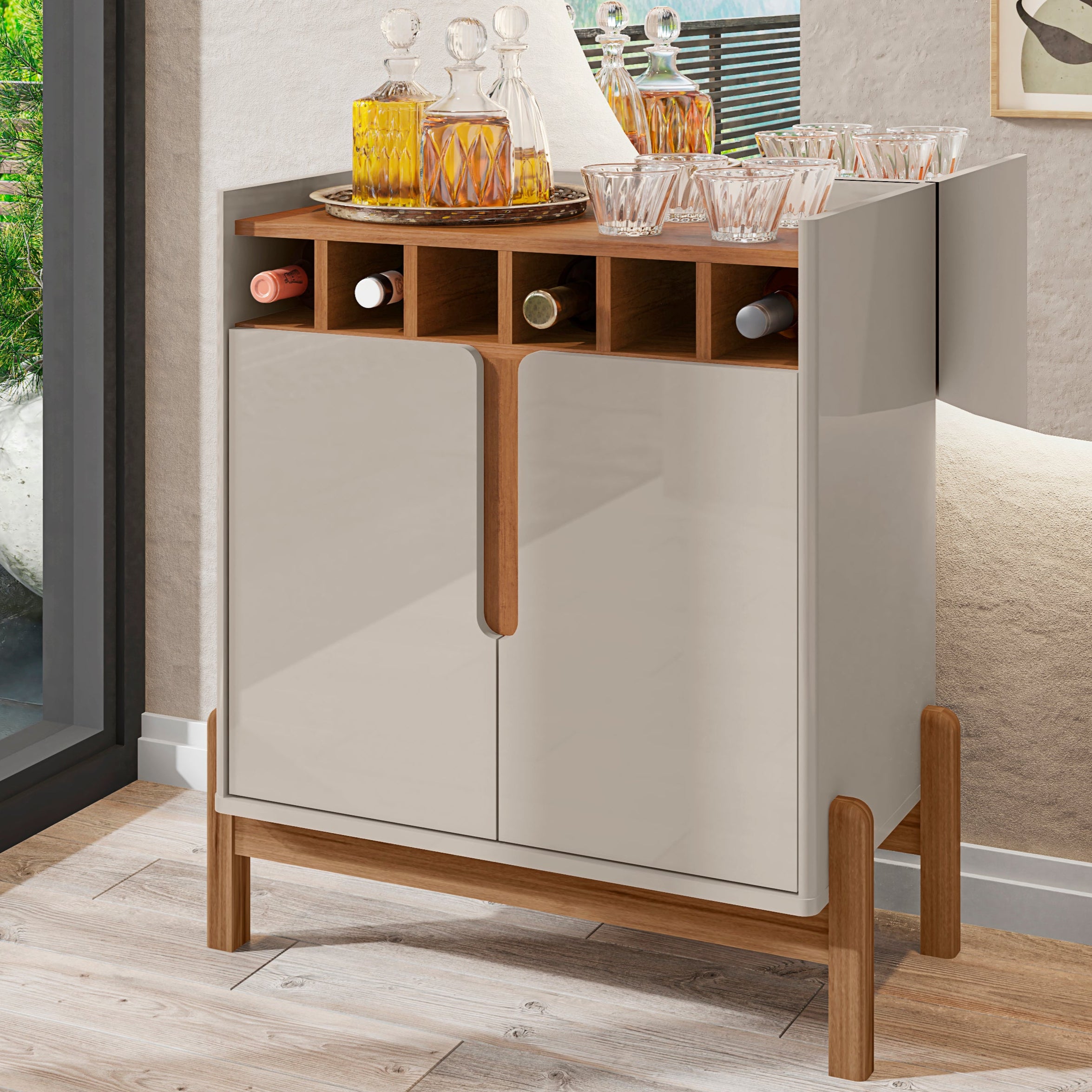 Barzinho Lizz 2 Portas Detalhe Curvo com 6 Nichos para Garrafa Base de Madeira - LH Móveis