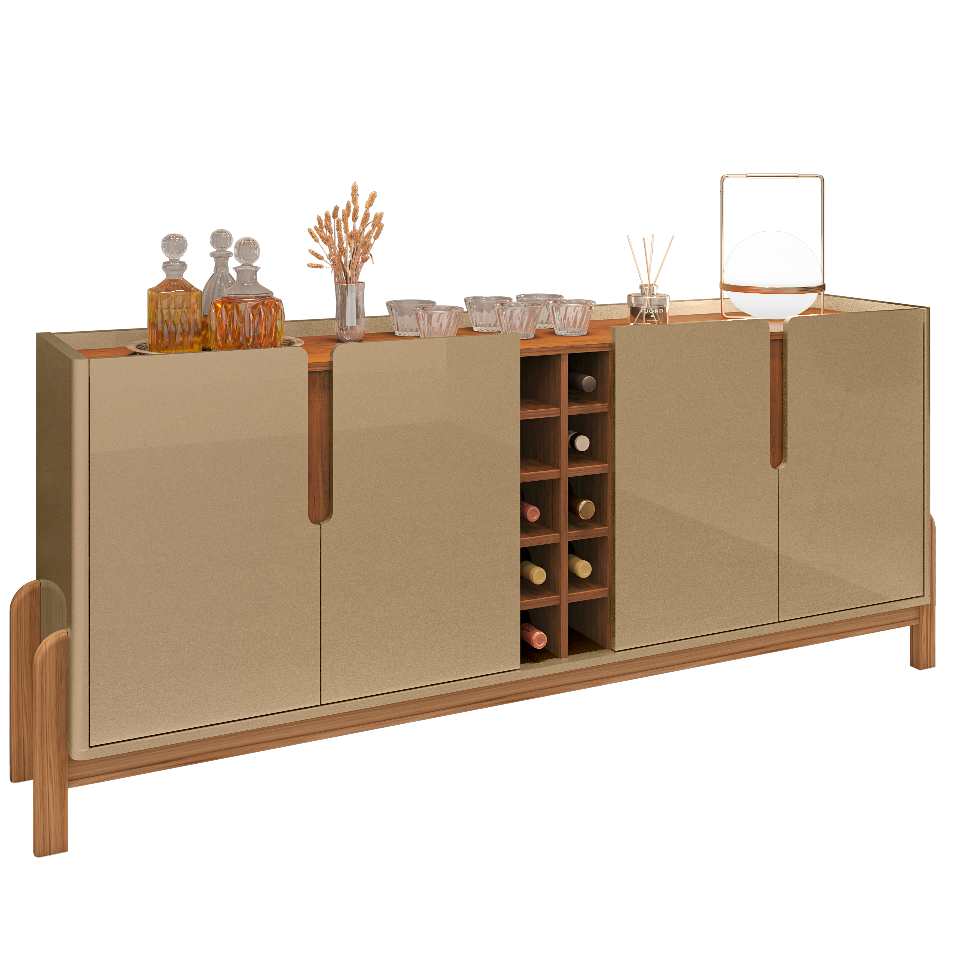 Buffet Lizz 4 Portas com Nicho para Garrafas 190cm Base de Madeira - LH Móveis