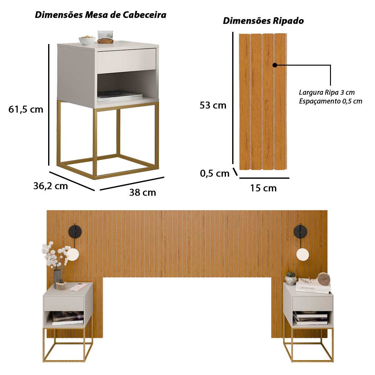 Kit Cabeceira Ripada em MDF Com 2 Mesas de Cabeceira Sofia Base de Aço 1 Gaveta com Nicho - LH Móveis