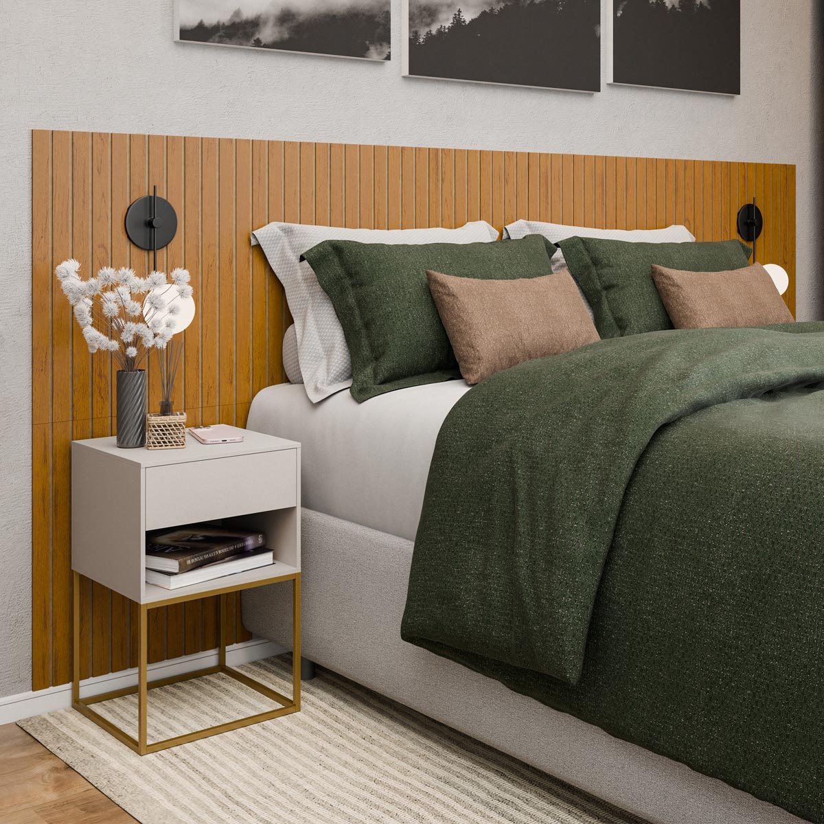 Kit Cabeceira Ripada em MDF Com 2 Mesas de Cabeceira Sofia Base de Aço 1 Gaveta com Nicho - LH Móveis