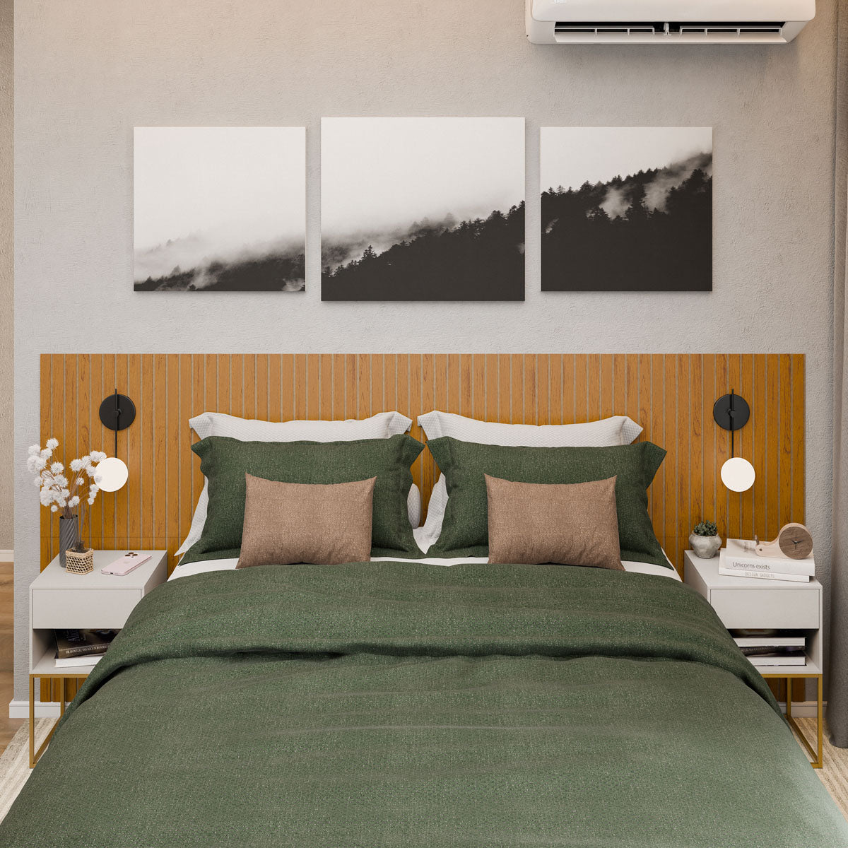 Kit Cabeceira Ripada em MDF Com 2 Mesas de Cabeceira Sofia Base de Aço 1 Gaveta com Nicho - LH Móveis