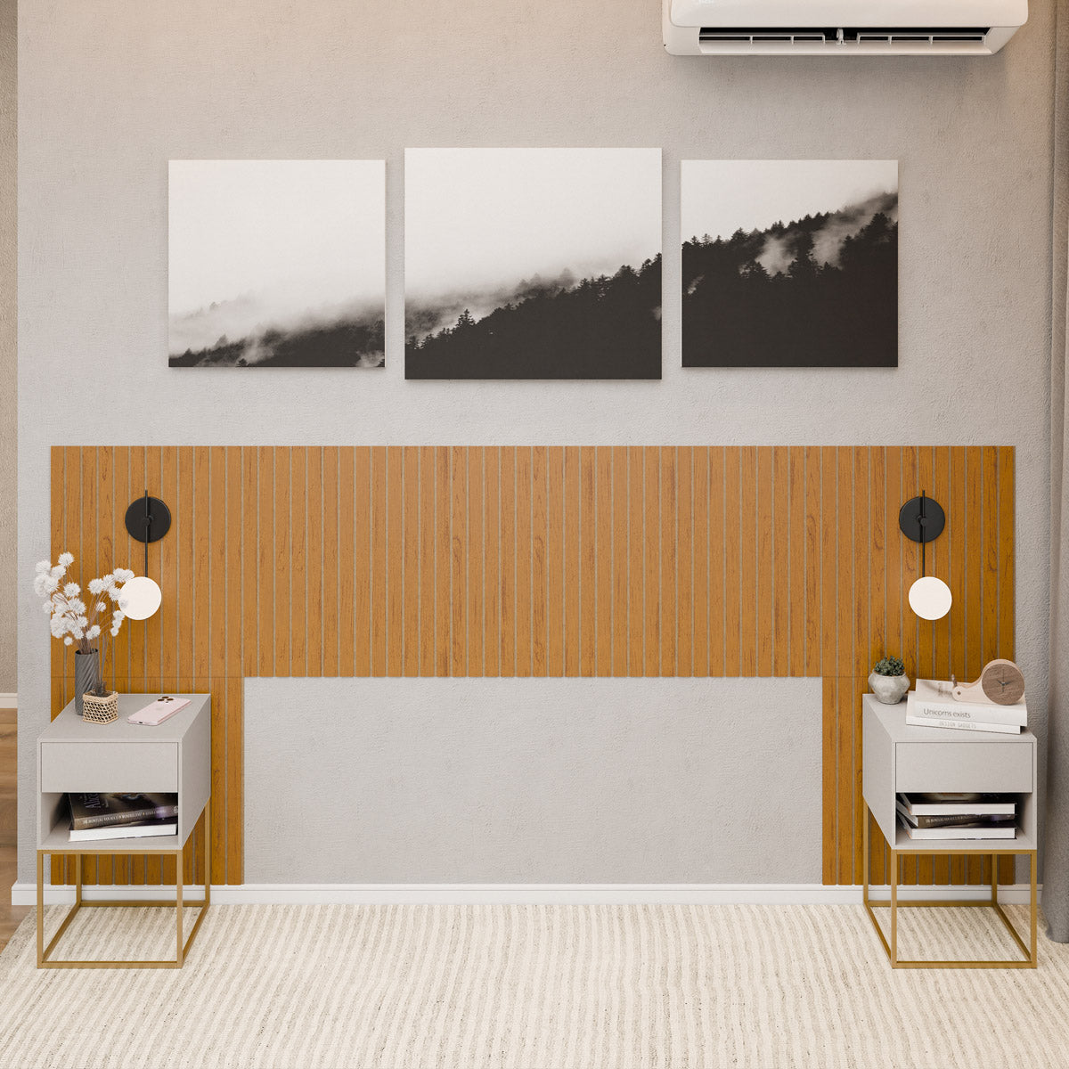 Kit Cabeceira Ripada em MDF Com 2 Mesas de Cabeceira Sofia Base de Aço 1 Gaveta com Nicho - LH Móveis