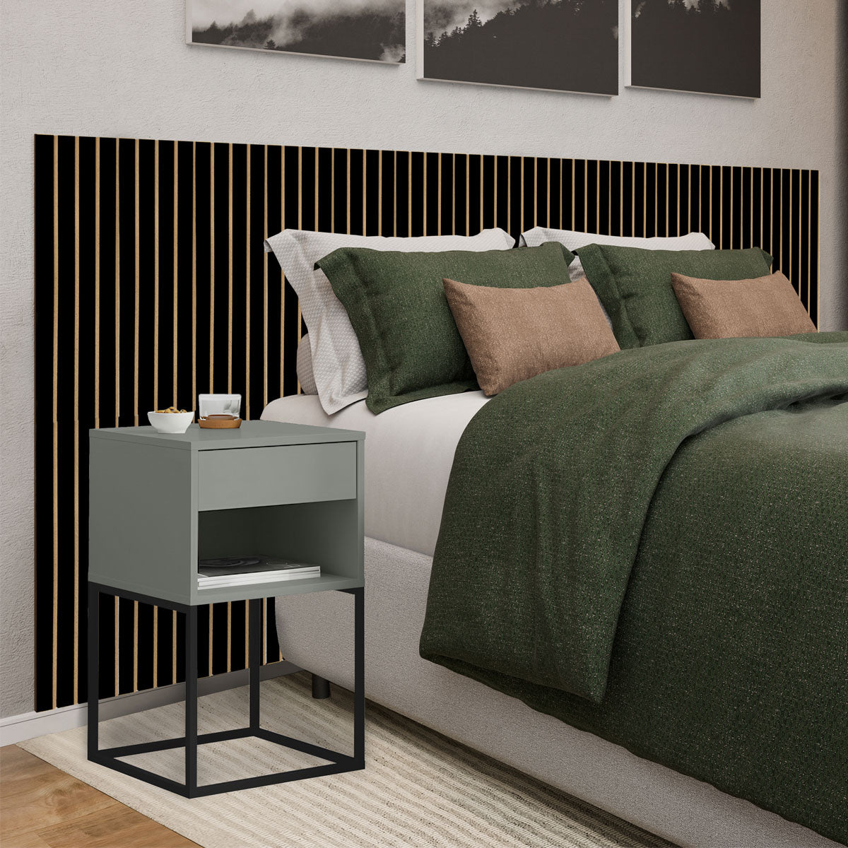 Kit Cabeceira Ripada em MDF Com 2 Mesas de Cabeceira Sofia Base de Aço 1 Gaveta com Nicho - LH Móveis