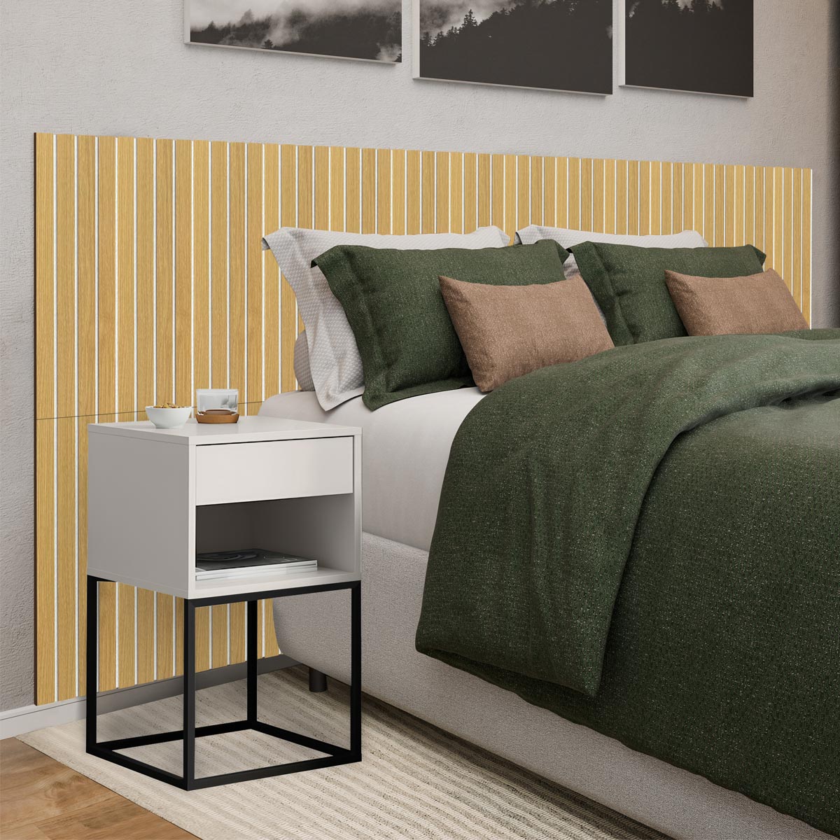 Kit Cabeceira Ripada em MDF Com 2 Mesas de Cabeceira Sofia Base de Aço 1 Gaveta com Nicho - LH Móveis