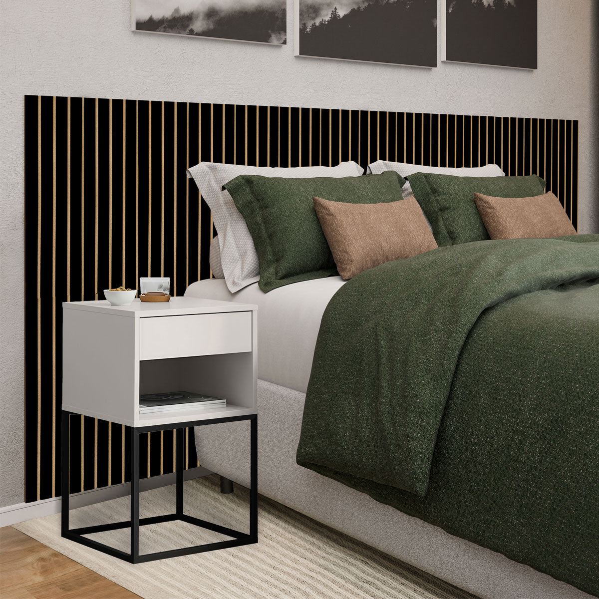 Kit Cabeceira Ripada em MDF Com 2 Mesas de Cabeceira Sofia Base de Aço 1 Gaveta com Nicho - LH Móveis