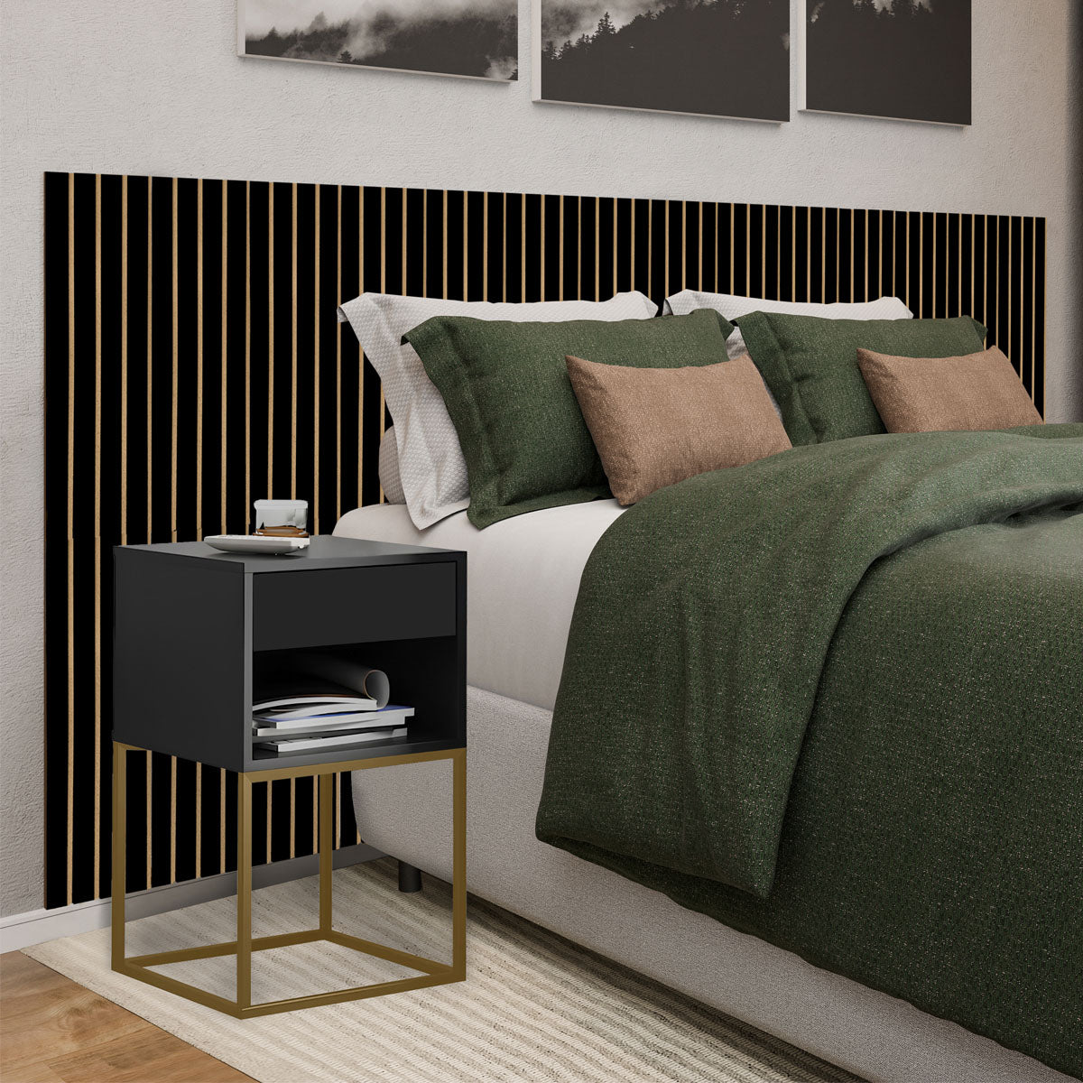 Kit Cabeceira Ripada em MDF Com 2 Mesas de Cabeceira Sofia Base de Aço 1 Gaveta com Nicho - LH Móveis