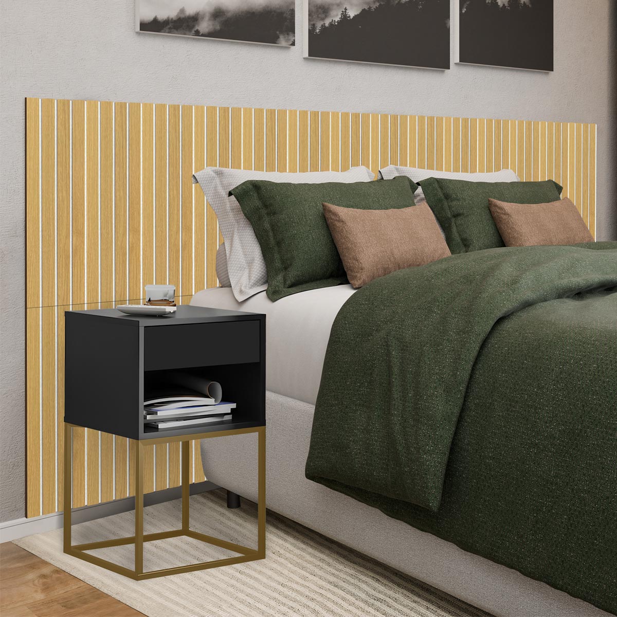 Kit Cabeceira Ripada em MDF Com 2 Mesas de Cabeceira Sofia Base de Aço 1 Gaveta com Nicho - LH Móveis