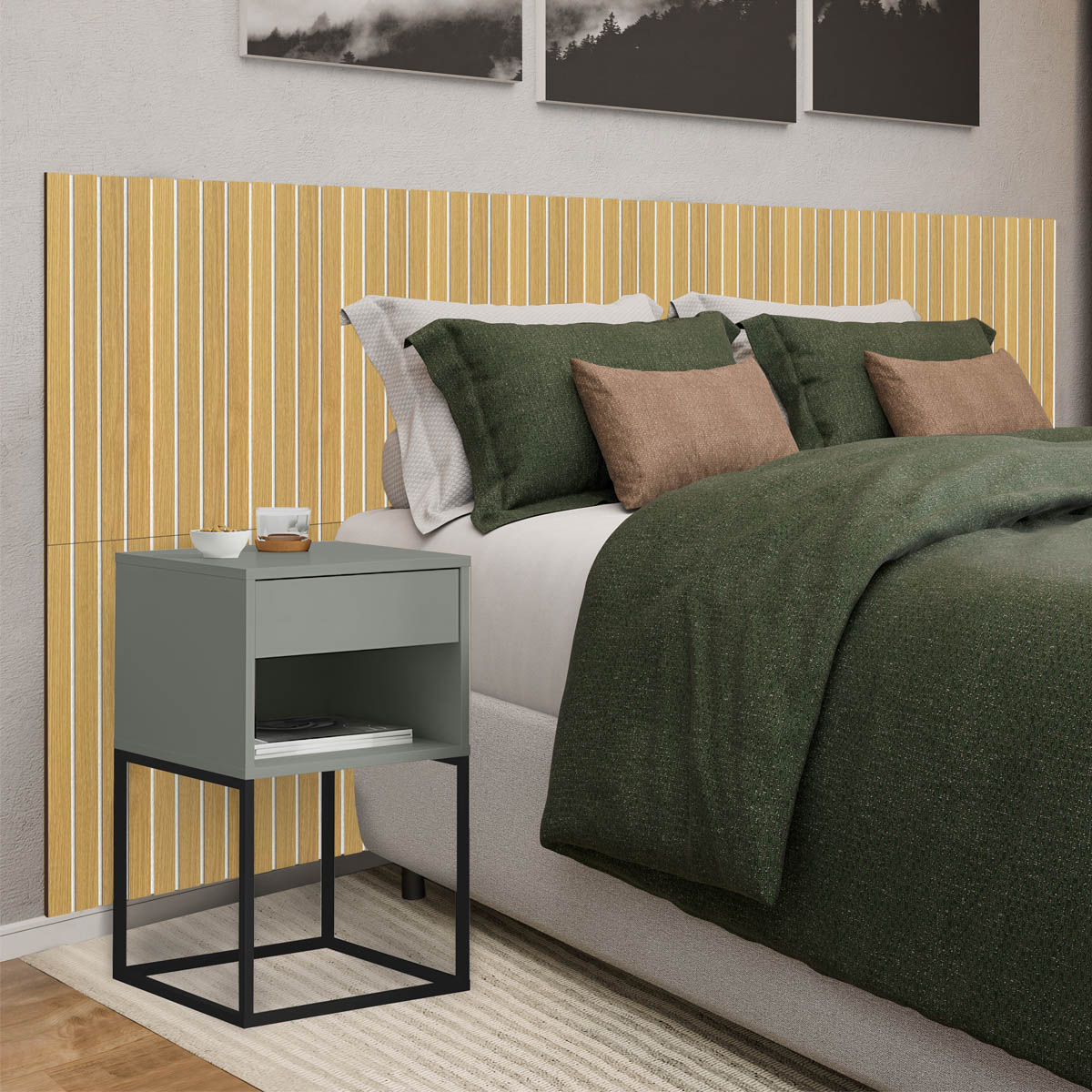 Kit Cabeceira Ripada em MDF Com 2 Mesas de Cabeceira Sofia Base de Aço 1 Gaveta com Nicho - LH Móveis