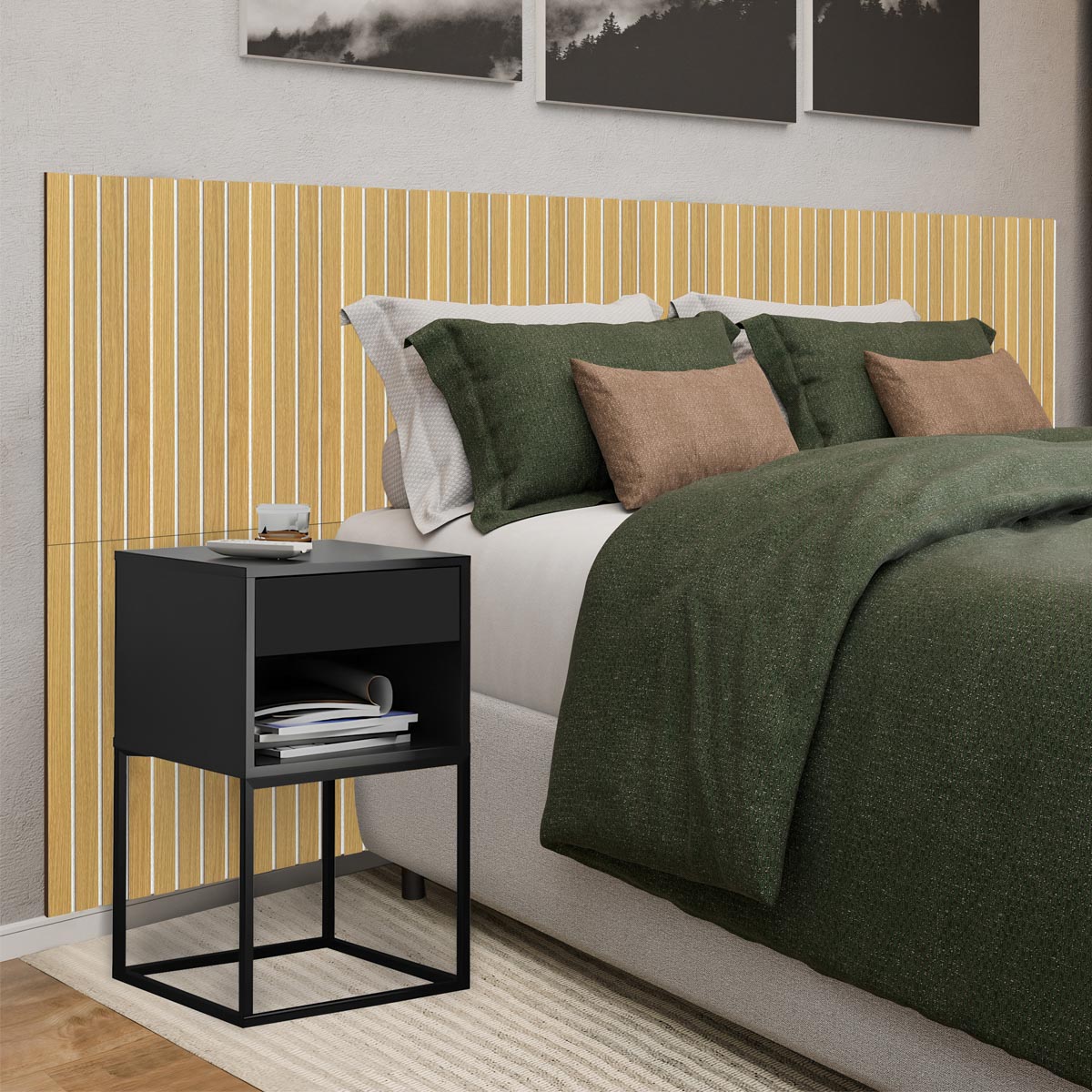 Kit Cabeceira Ripada em MDF Com 2 Mesas de Cabeceira Sofia Base de Aço 1 Gaveta com Nicho - LH Móveis