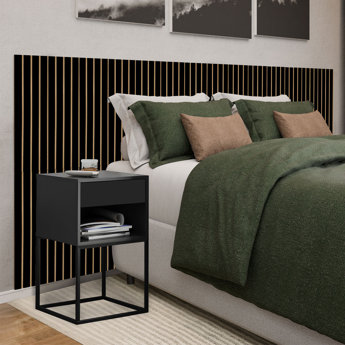 Kit Cabeceira Ripada em MDF Com 2 Mesas de Cabeceira Sofia Base de Aço 1 Gaveta com Nicho - LH Móveis