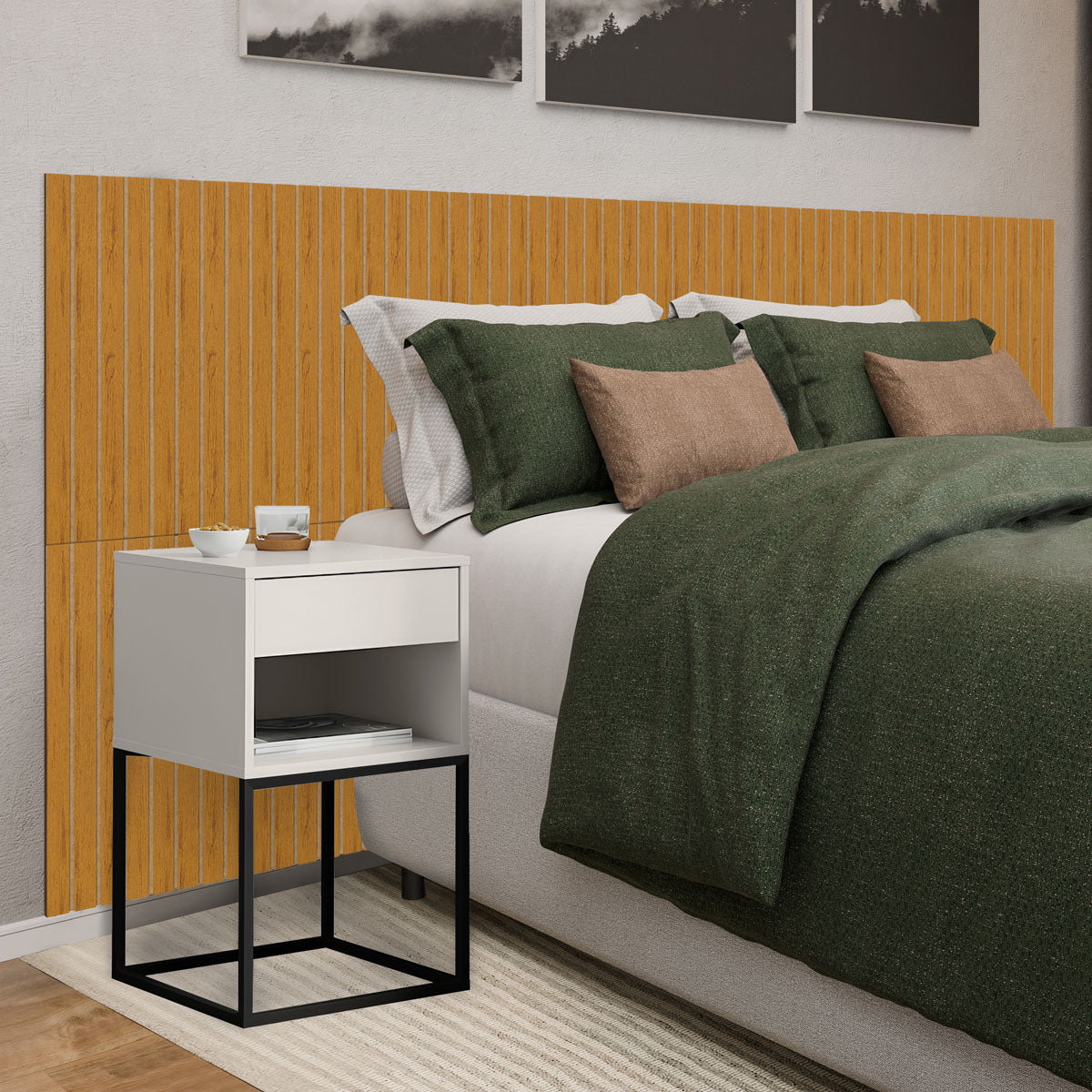 Kit Cabeceira Ripada em MDF Com 2 Mesas de Cabeceira Sofia Base de Aço 1 Gaveta com Nicho - LH Móveis