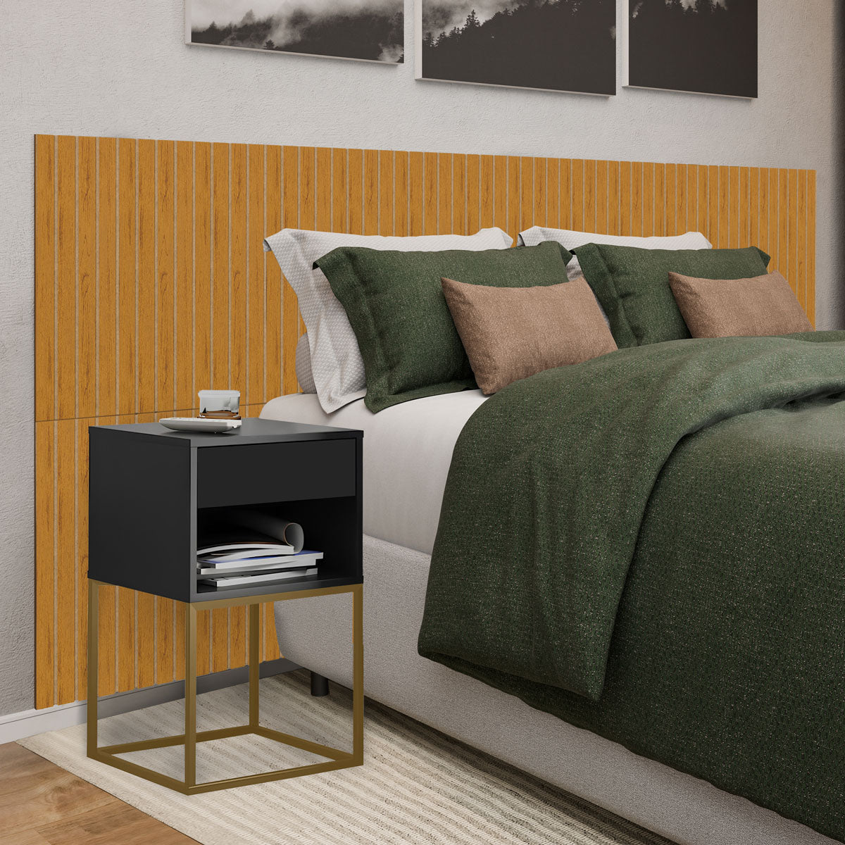 Kit Cabeceira Ripada em MDF Com 2 Mesas de Cabeceira Sofia Base de Aço 1 Gaveta com Nicho - LH Móveis