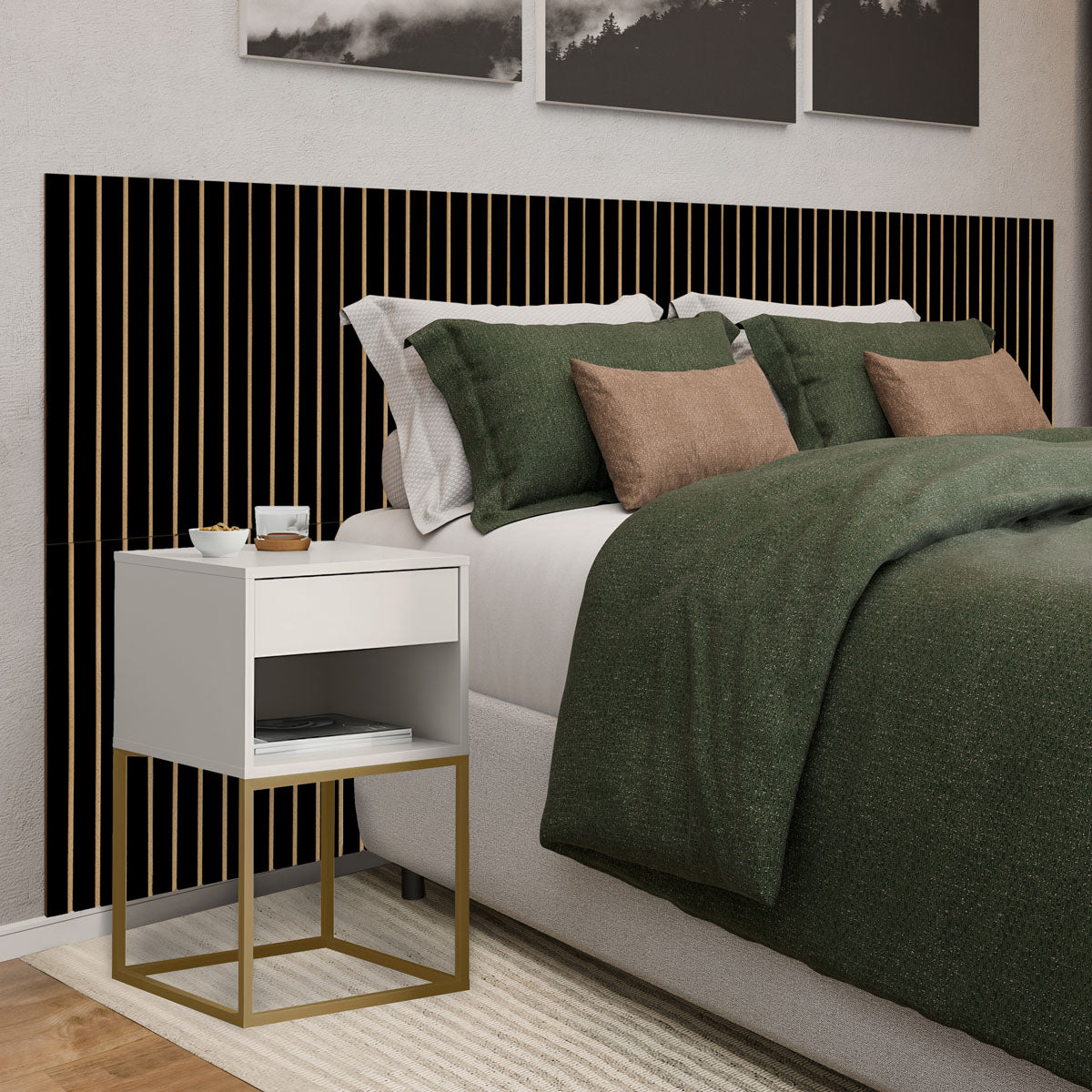 Kit Cabeceira Ripada em MDF Com 2 Mesas de Cabeceira Sofia Base de Aço 1 Gaveta com Nicho - LH Móveis