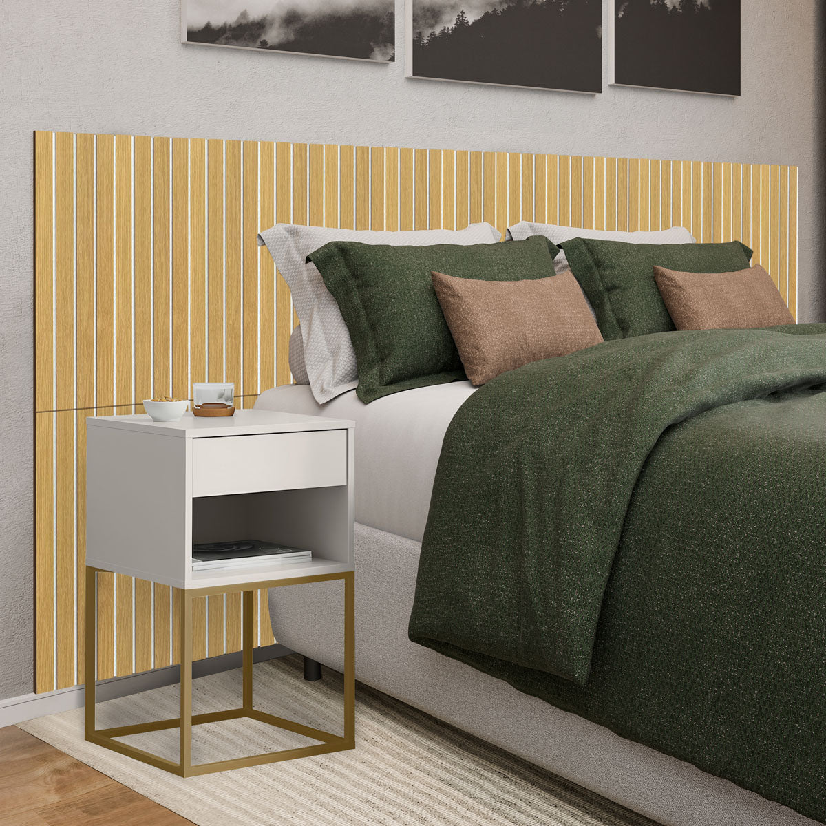 Kit Cabeceira Ripada em MDF Com 2 Mesas de Cabeceira Sofia Base de Aço 1 Gaveta com Nicho - LH Móveis