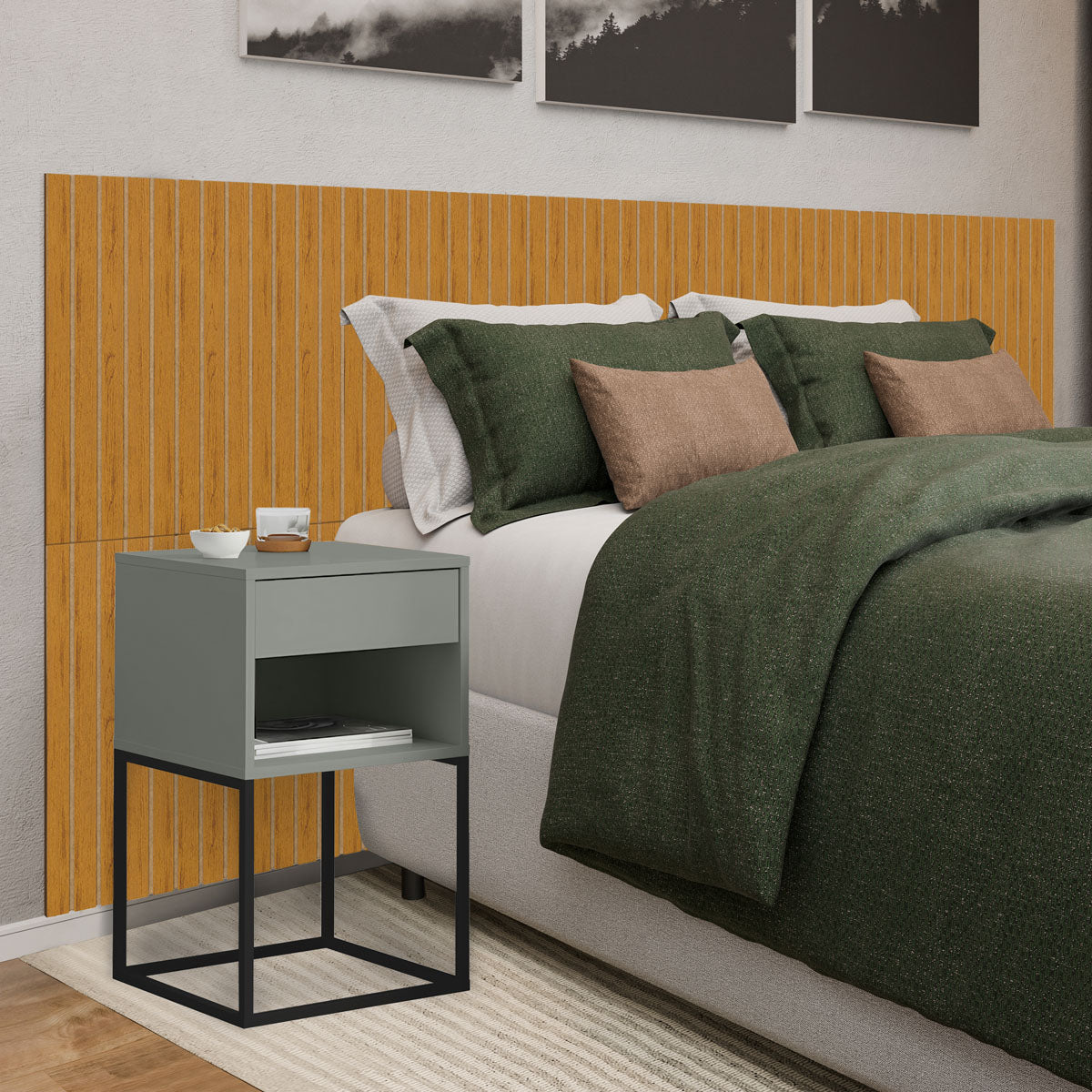 Kit Cabeceira Ripada em MDF Com 2 Mesas de Cabeceira Sofia Base de Aço 1 Gaveta com Nicho - LH Móveis