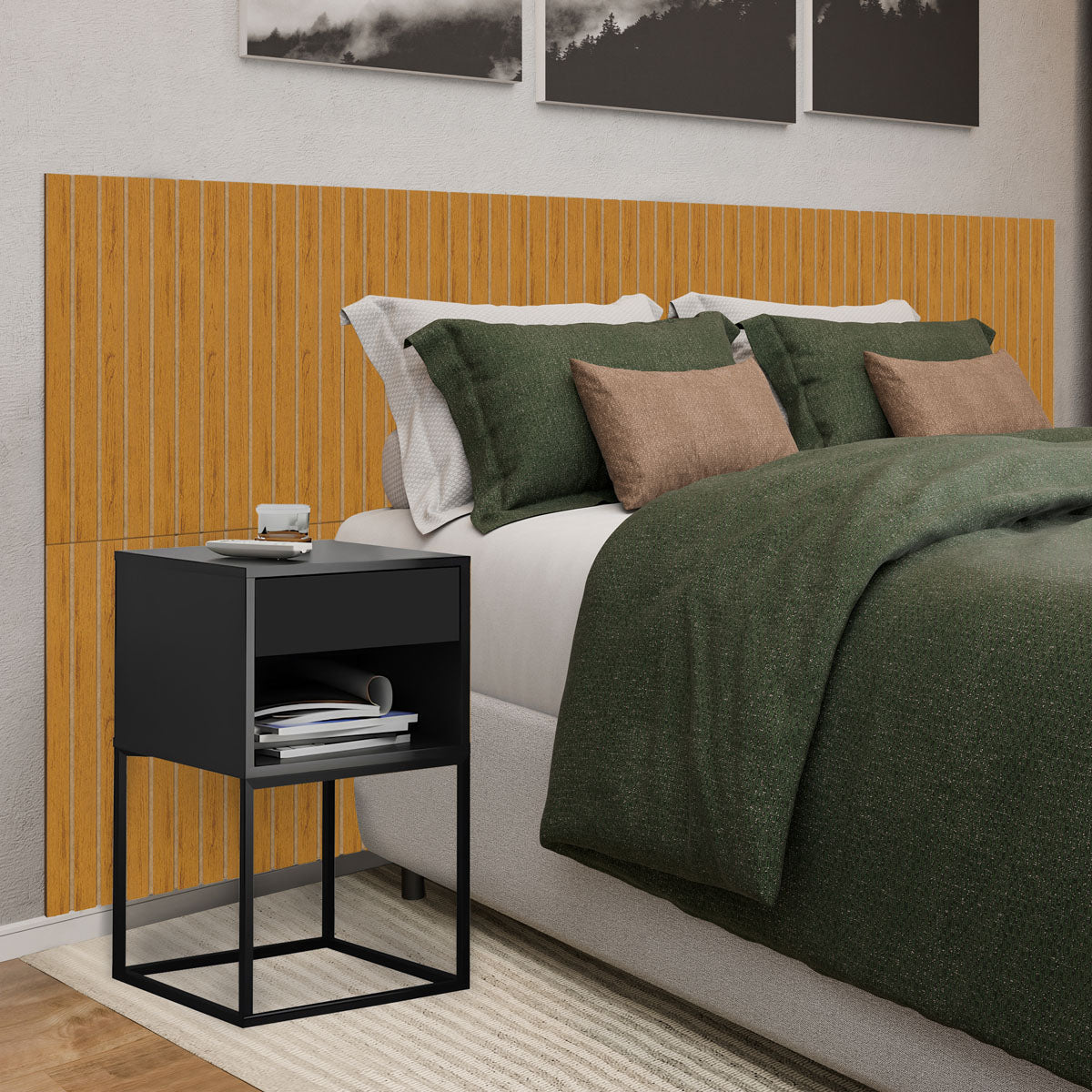 Kit Cabeceira Ripada em MDF Com 2 Mesas de Cabeceira Sofia Base de Aço 1 Gaveta com Nicho - LH Móveis