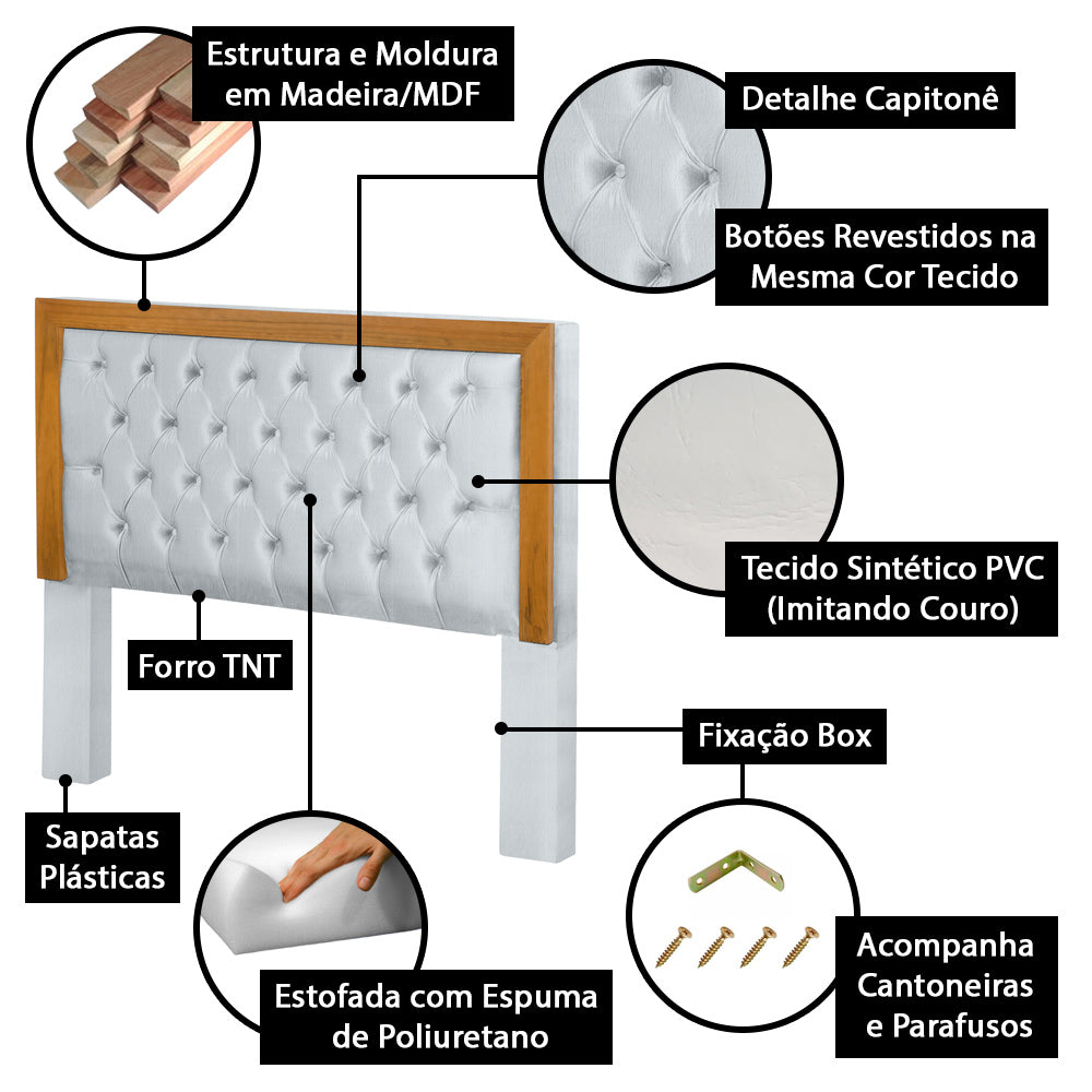 Cabeceira Estofada Imperial Para Cama Box King 195cm com Moldura de Madeira Detalhe Capitonê Instalação Fácil - LH Móveis