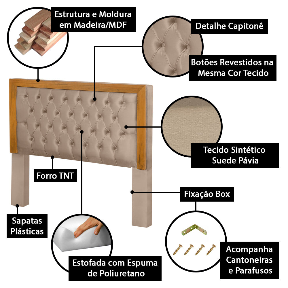 Conjunto Imperial Para Cama Box Queen 160 cm Cabeceira com Recamier Baú Estrutura em Madeira com Pés Detalhe Capitonê Europeu - LH Móveis