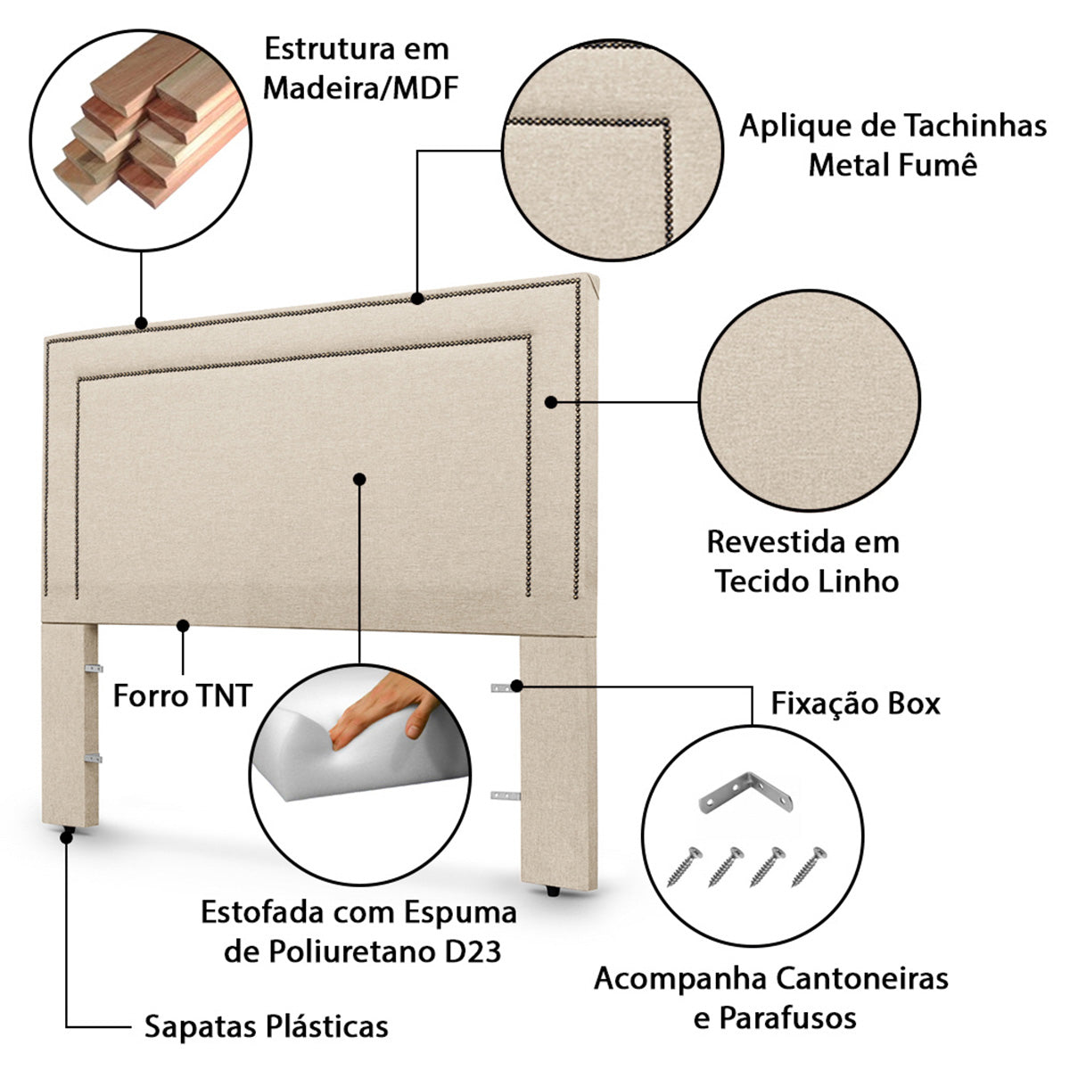 Cabeceira com Tachinhas de Metal para Cama Box Solteiro 90 cm Madri Várias Cores - LH Móveis