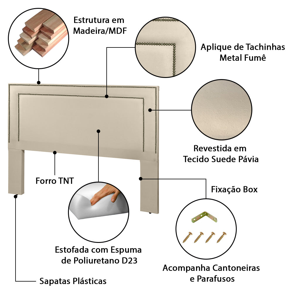 Cabeceira Estofada com Tachinhas de Metal para Cama Box Casal 140 cm Madri Fixação no Box - LH Móveis