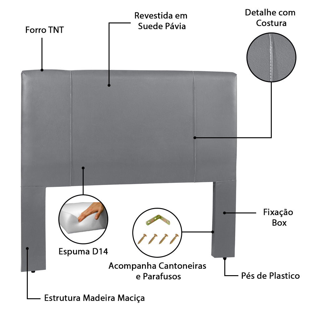 Cabeceira com Detalhe em Costura Munique para Cama Box Solteiro 90 cm com Pés Fixação no Box - LH Móveis