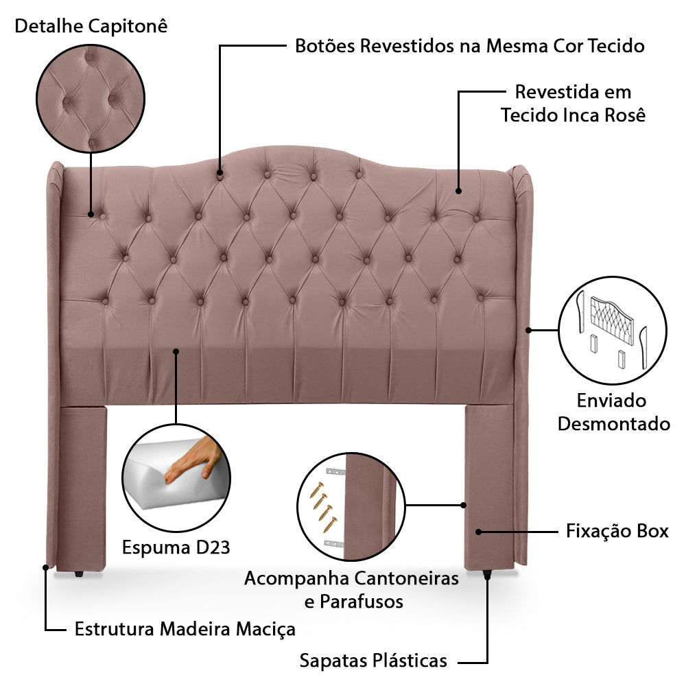 Conjunto Para Cama Box Queen 160cm Dubai Cabeceira Com Recamier Baú Fixação no Box Capitonê- LH Móveis