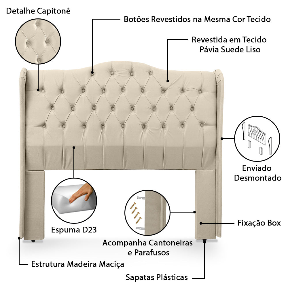 Cabeceira Dubai Capitonê para Cama Box King 195 cm com Pés Estofada com Botões Estrutura em Madeira - LH Móveis