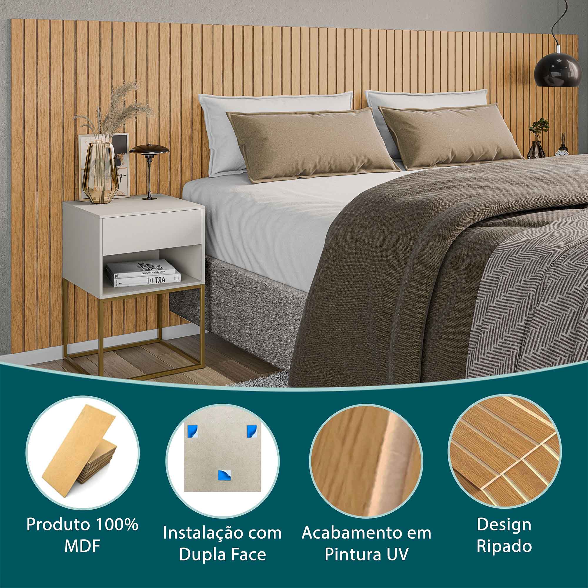 Cabeceira Ripado Cama Casal, Queen e King em MDF Adesiva Fácil Instalação - LH Móveis