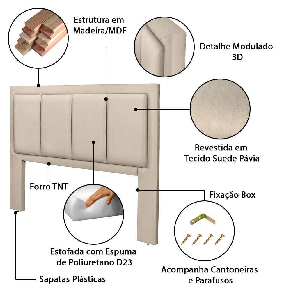 Cabeceira Estofada Veneza Luxo para Cama Box Casal 140 cm Estrutura em Madeira com Fixação no Box - LH Móveis