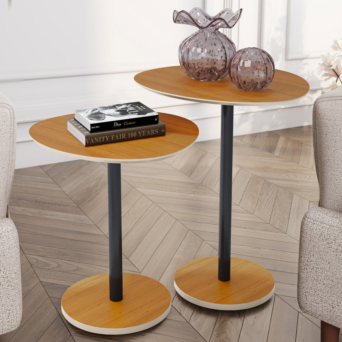 Conjunto 2 Mesas Laterais Design Vitta Orgânico Haste em Aço Preto para Decoração Apoio - LH Móveis