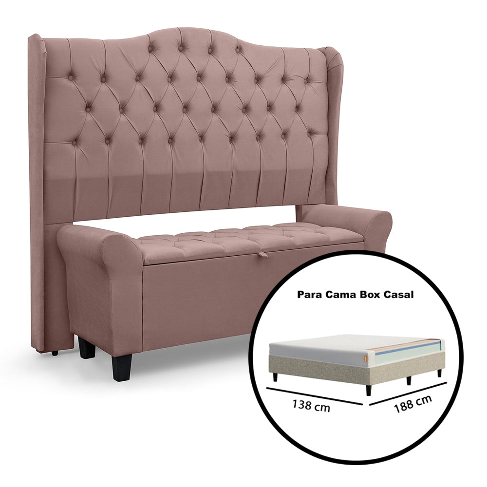 Conjunto Cabeceira com Recamier Baú Dubai Para Cama Box Casal 140 cm com Pés Detalhe Capitonê - LH Móveis