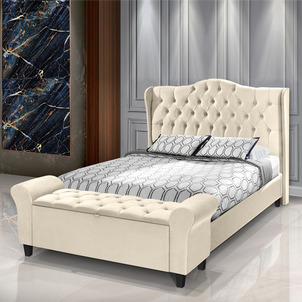 Conjunto Cabeceira com Recamier Baú Dubai Para Cama Box Casal 140 cm com Pés Detalhe Capitonê - LH Móveis