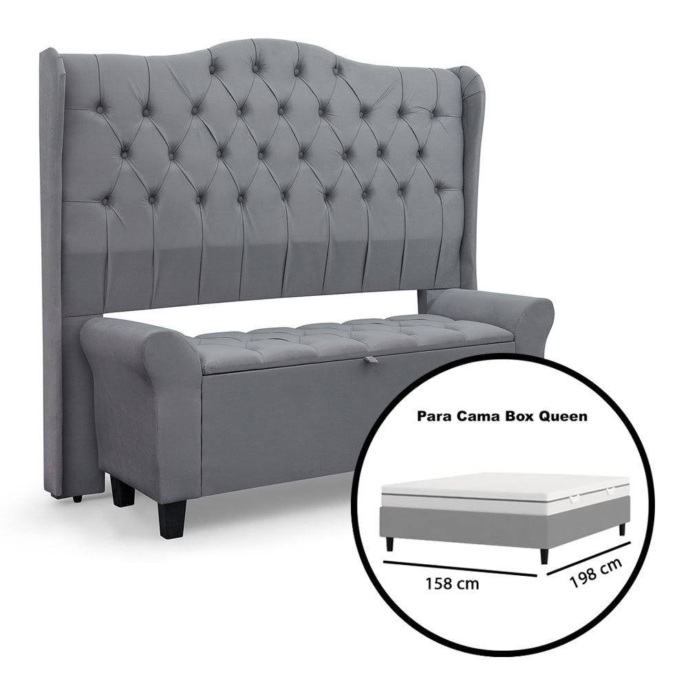 Conjunto Para Cama Box Queen 160cm Dubai Cabeceira Com Recamier Baú Fixação no Box Capitonê- LH Móveis