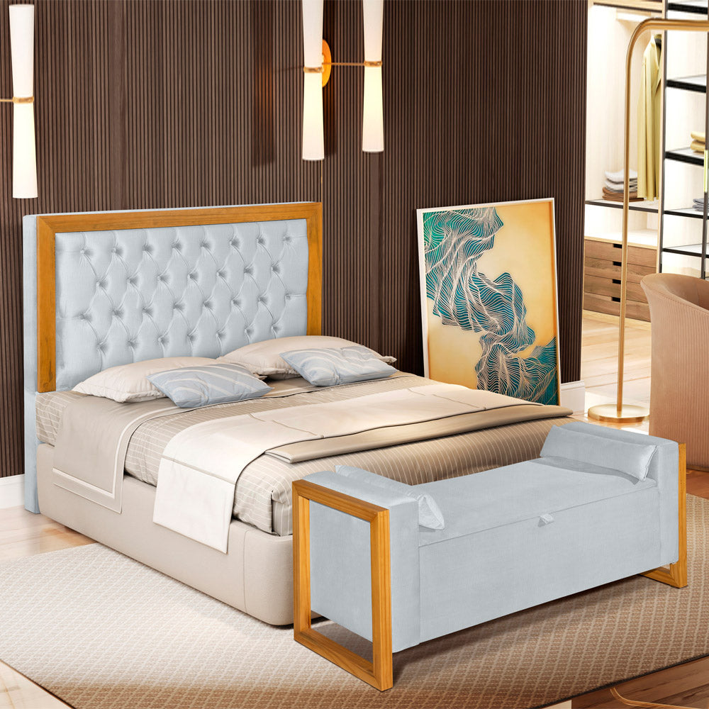 Conjunto Para Cama Box Casal 140cm Cabeceira com Recamier Baú Imperial Capitonê Moldura em Madeira - LH Móveis