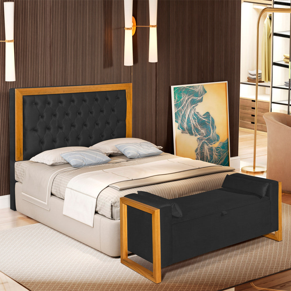 Conjunto Para Cama Box Casal 140cm Cabeceira com Recamier Baú Imperial Capitonê Moldura em Madeira - LH Móveis