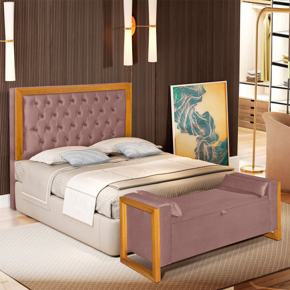 Conjunto Para Cama Box Casal 140cm Cabeceira com Recamier Baú Imperial Capitonê Moldura em Madeira - LH Móveis